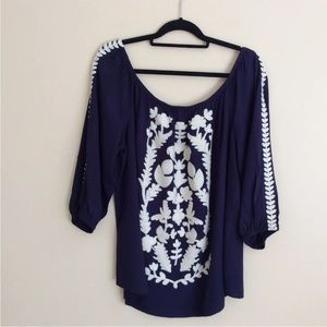 Solitaire Women's Navy Blue Ivory Embroidered Long Sleeve Top Blouse Size 2X